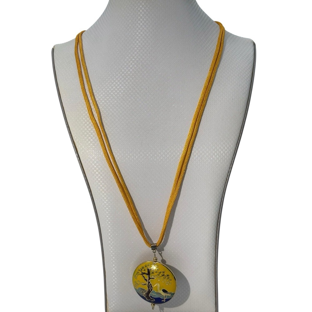 Vintage Gold Tone Cloisonne Enamel Crane Nature Scene 26" Statement Necklace